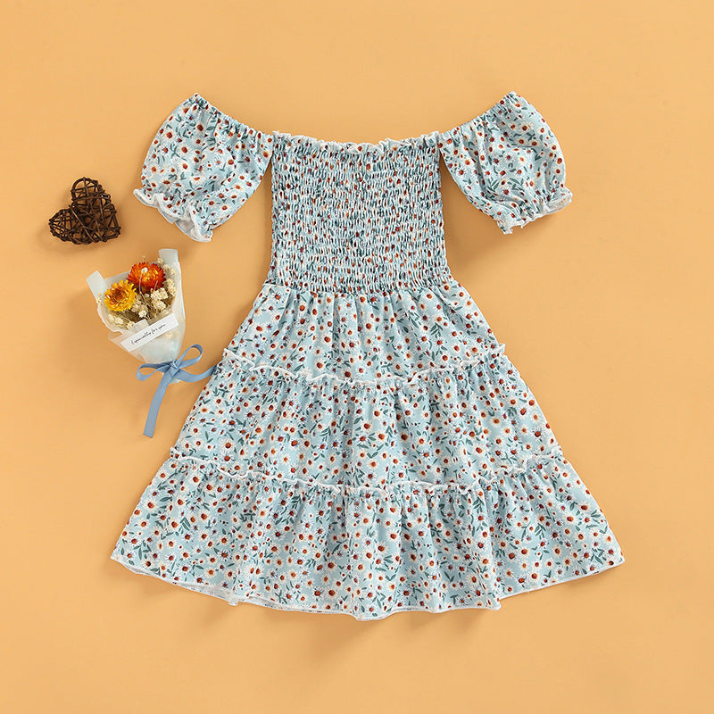 Cold Shoulder Short Sleeve Smocked Frilled Trim Floral Summer Dresses For Girls Wholesale KD167014 - PrettyKid