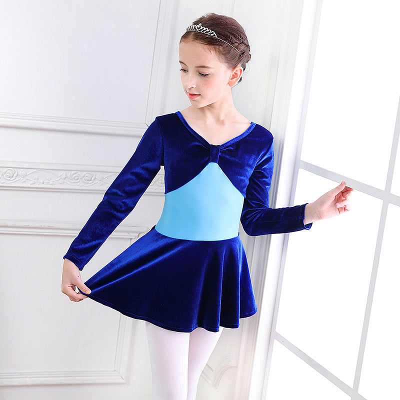 Blue Velvet Long-Sleeve Ballet Dance Dresses Big Girl Clothes Wholesale - PrettyKid