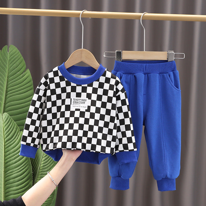 Check Print Crew Neck Long Sleeve Sweatshirt Cuffed Trousers Wholesale Baby Boy Sets - PrettyKid