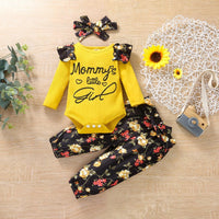 Baby Girl Letter Print Ribbed Bodysuit And Floral Trousers And Headband Baby Outfit Sets - PrettyKid