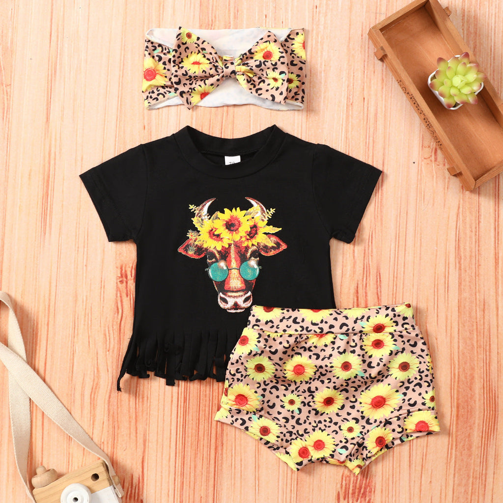 Cow Pattern Tassel T-Shirt And Sunflower Pants And Headband 3 Piece Baby Girl Sets - PrettyKid