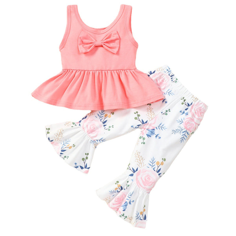Baby Girl Sleeveless Bow Top And Flower Pattern Flare Pants Baby Outfit Sets - PrettyKid