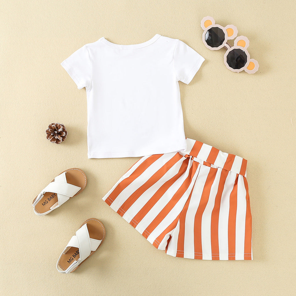 Bunny Print T-Shirt And Striped Shorts Toddler Girl Sets - PrettyKid