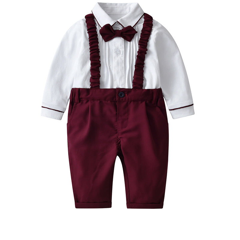 Baby Boy Sets Wholesale White Shirt And Red Suspender Pants - PrettyKid