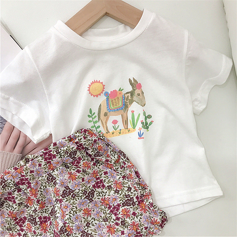 18M-6Y Casual Cartoon Print Short T Floral Shorts Two-Piece Set Cute Toddler Girl Clothes Wholesale