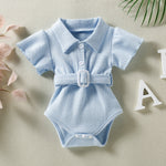 Baby Girl Lapel Collar Flutter Sleeve Jumpsuit With Belt Baby Girl Jumpsuit - PrettyKid
