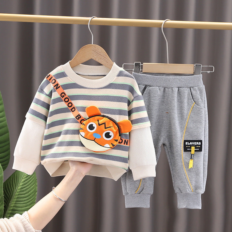 Baby Striped Tiger Pocket Sweatshirt And Trousers Two Piece Baby Sets - PrettyKid
