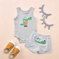 Baby Boys Crocodile Pattern Sleeveless Striped Bodysuit And Shorts Wholesale Baby Sets - PrettyKid