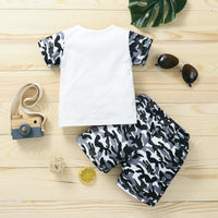 Baby Boy Lettering & Glasses T-Shirt And Camouflage Shorts Two Piece Baby Sets - PrettyKid