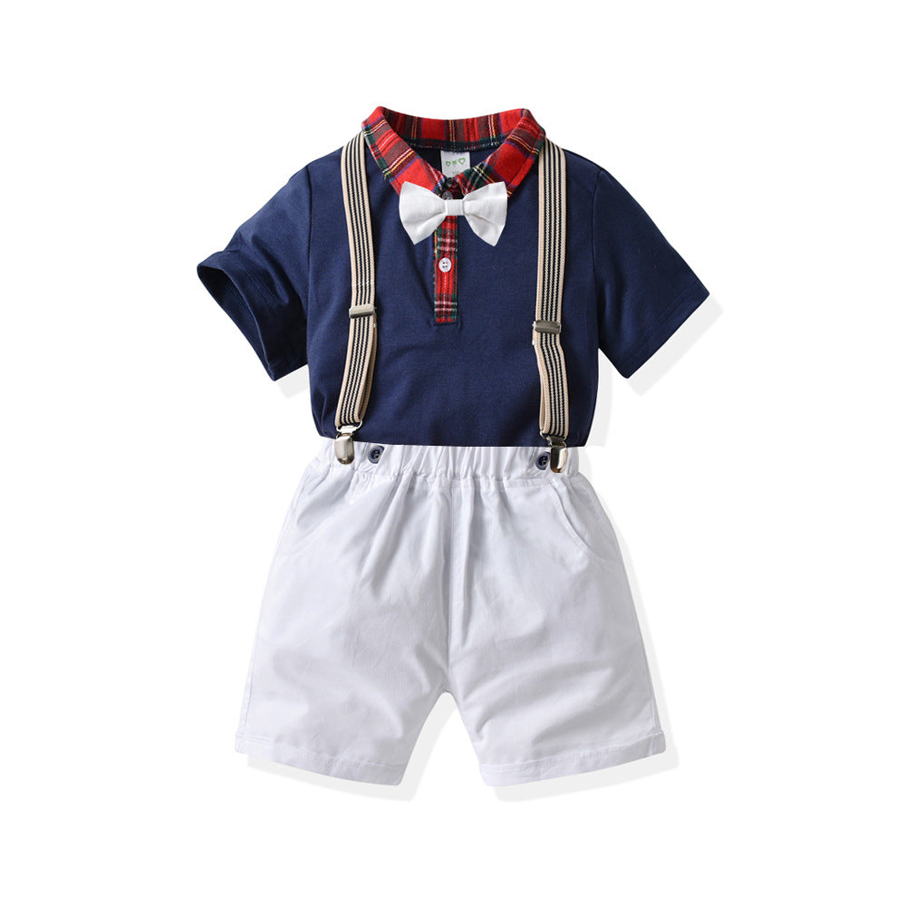 Color Stitching Short Sleeve Bow Tie Polo Shirt Plain Suspender Shorts Wholesale Toddler Boy Outfit Sets - PrettyKid