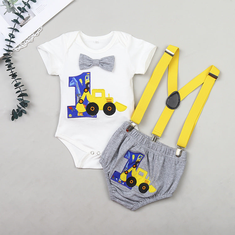 Baby Boy Tractor Pattern Romper And Overalls Baby Outfit Sets - PrettyKid
