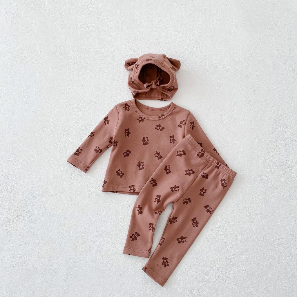 Boys And Girls Teddy Bear Heart Print Top And Shorts And Hat Wholesale Two Piece Baby Sets - PrettyKid