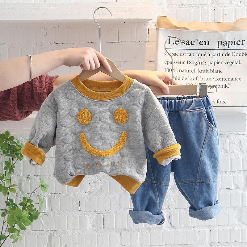 Baby Boy Smile Pattern Sweatshirt And Jeans Baby Outfit Sets - PrettyKid