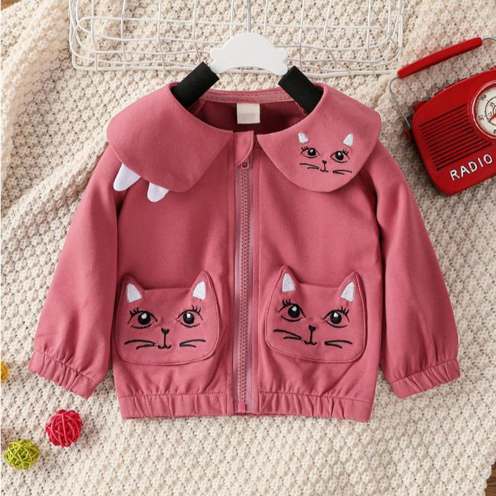 Baby Girls Cat Print Pocket Lapel Zip Up Jackets - PrettyKid