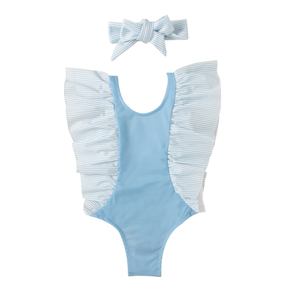 Baby Girl Striped Ruffle One-Piece Swimsuit And Headband Trendy Baby Girl Swimwear - PrettyKid