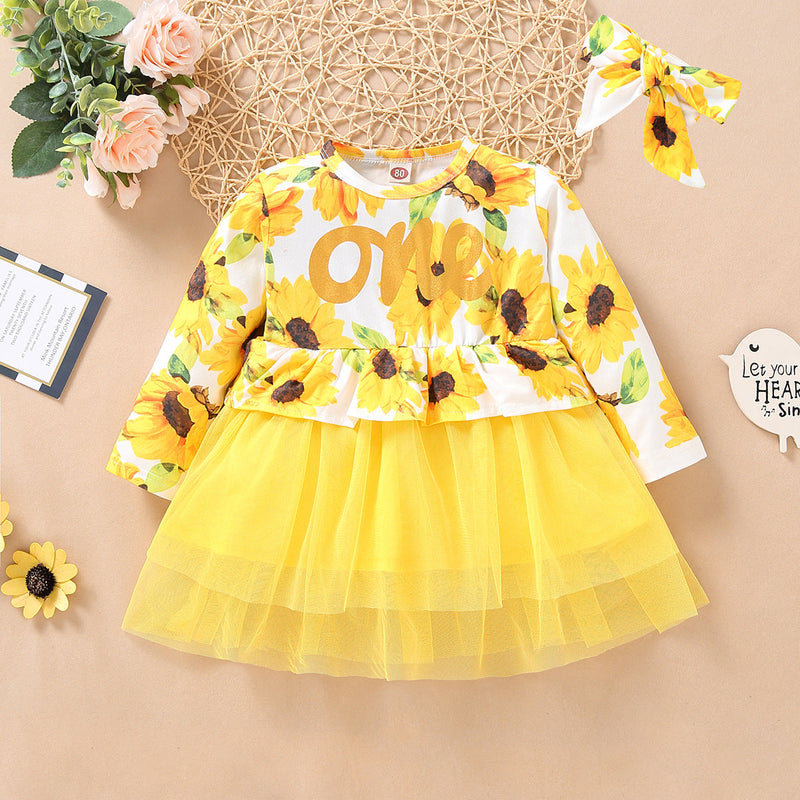 Baby Girl Mesh Monogram & Flower Print Dress With Headband Cute Baby Girl Dresses Wholesale - PrettyKid