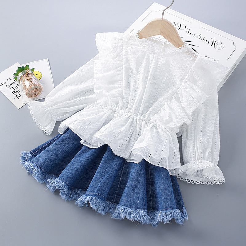 2 Piece Fungus Trim Lace Trim Top And Denim Skirt Toddler Girl Sets - PrettyKid