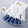 2 Piece Fungus Trim Lace Trim Top And Denim Skirt Toddler Girl Sets - PrettyKid