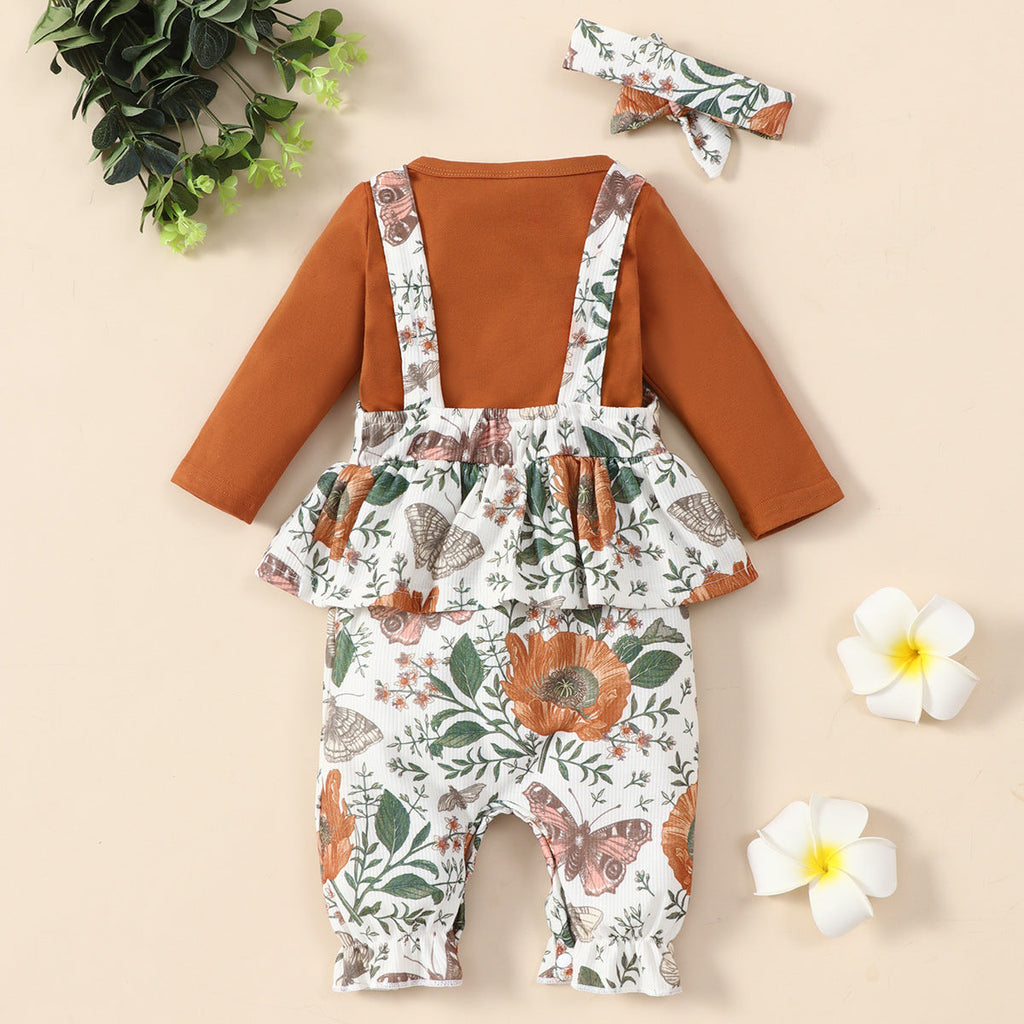 Brown Blouse And Floral Overalls And Headband Three Piece Baby Girl Suit - PrettyKid