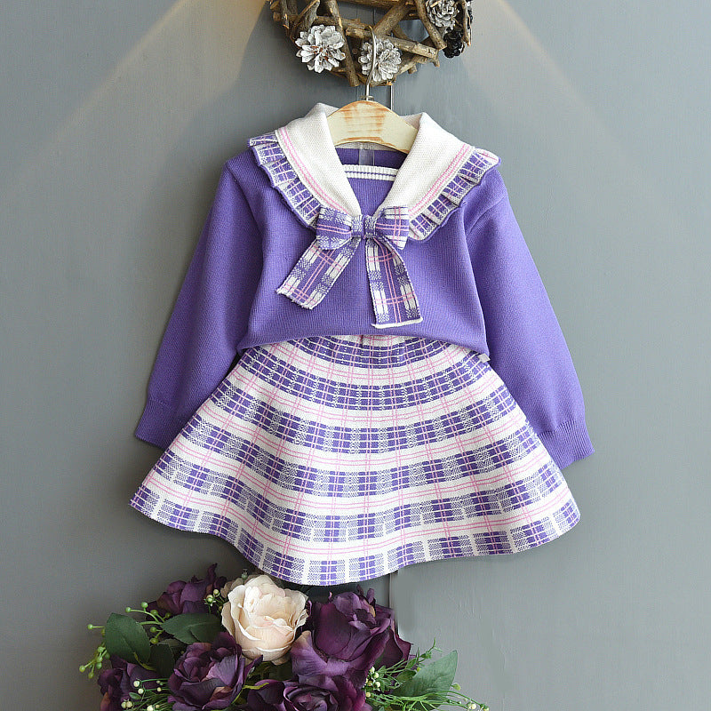 Bow Sailor Suit And Plaid Skirt Toddler Girl Sets - PrettyKid