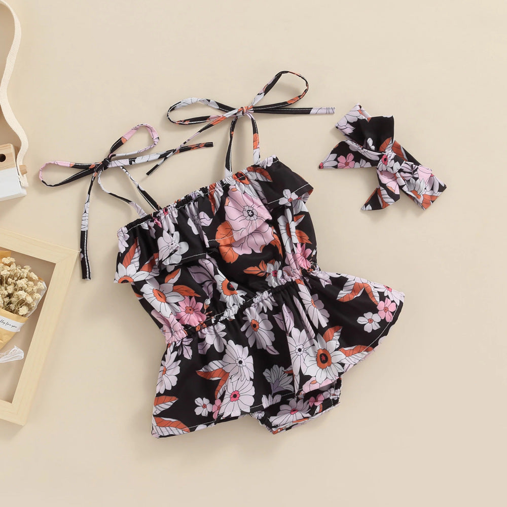 Baby Girl Floral Print Jumpsuit And Headband Baby One Piece Jumpsuit - PrettyKid
