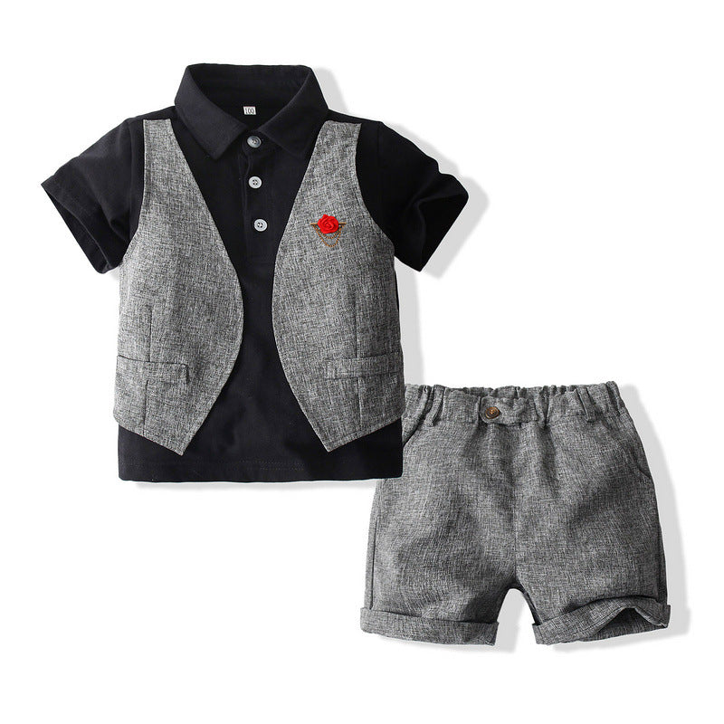 2pcs Toddler Boys Gentleman Boutonniere Polo Shirts Top and Pants Outfits Clothes Suit Sets - PrettyKid