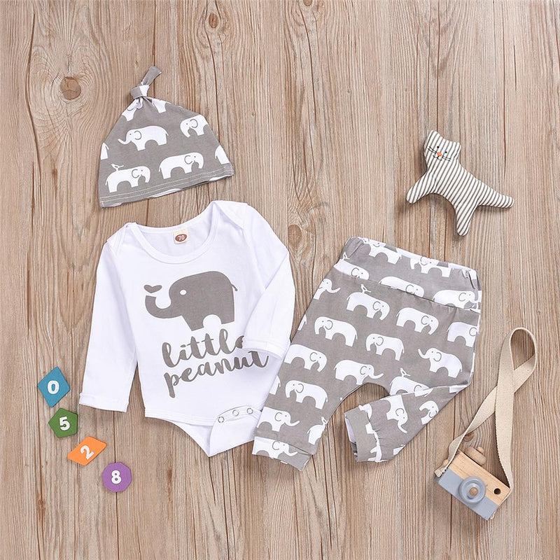 Baby Elephant Cartoon Printed Romper & Pants & Hat Babywear Wholesale - PrettyKid