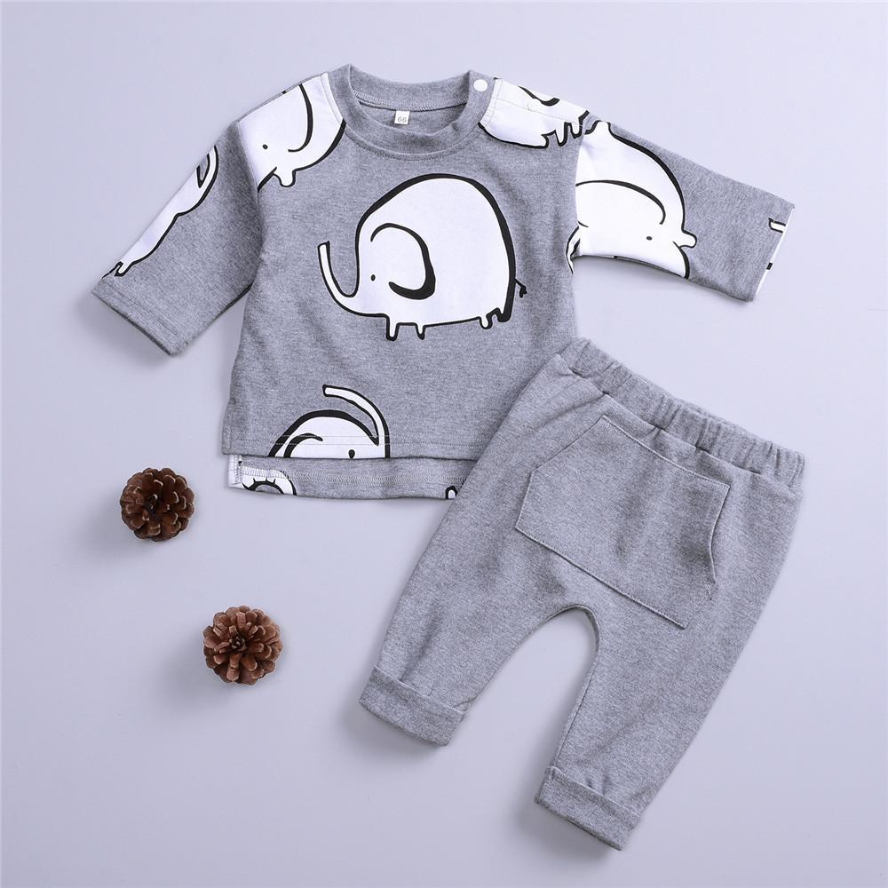 Baby Boys Elephant Cartoon Solid Tops & Pants - PrettyKid