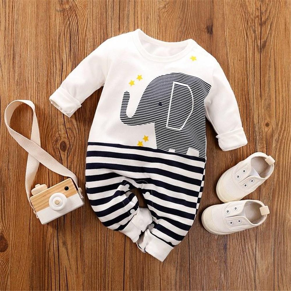 Baby Elephant Cartoon Striped Long Sleeve Rompers - PrettyKid