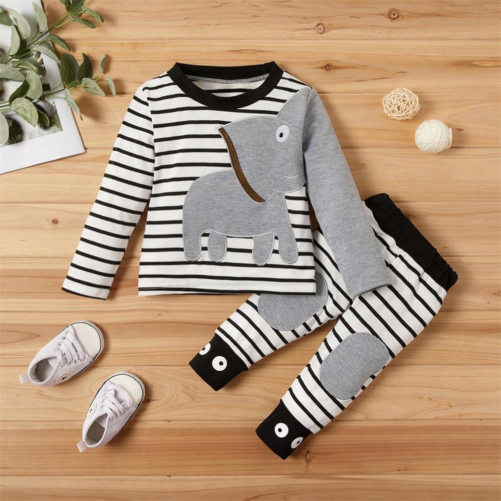 Boys Elephant Cartoon Striped Printed Long Sleeve Tops & Pants - PrettyKid