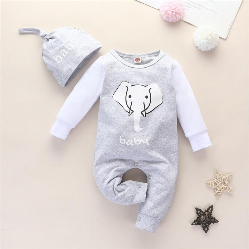 Baby Boys Elephant Long Sleeve Romper & Hat Wholesale Baby Rompers - PrettyKid