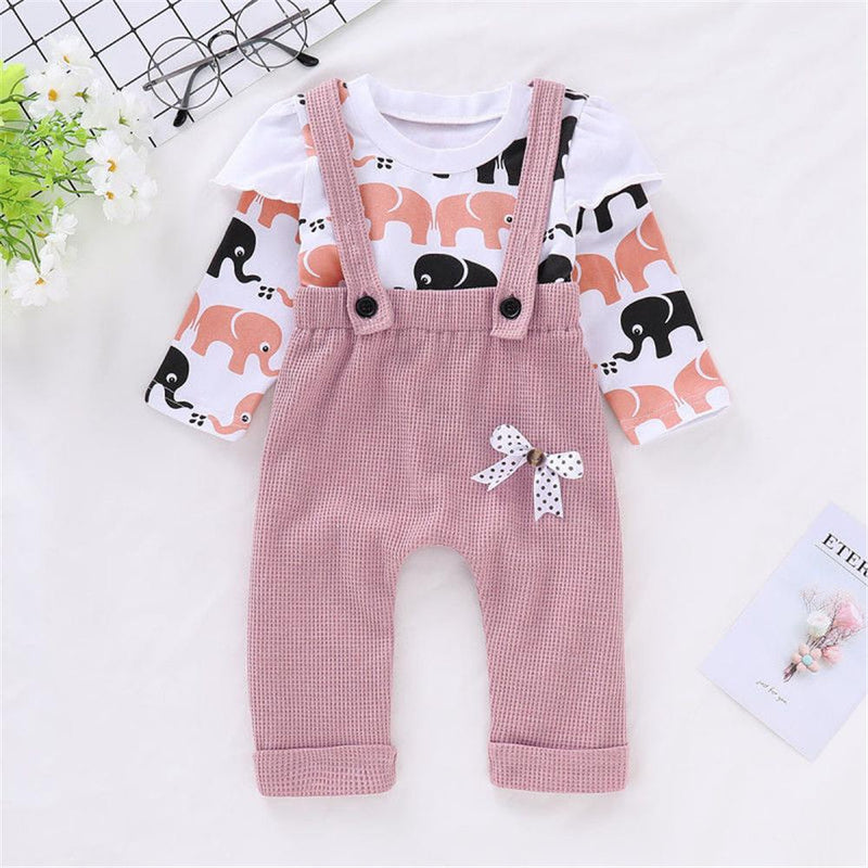 Toddler Girls Elephant Long Sleeve Top & Bow Overalls Baby Girl Wholesale - PrettyKid