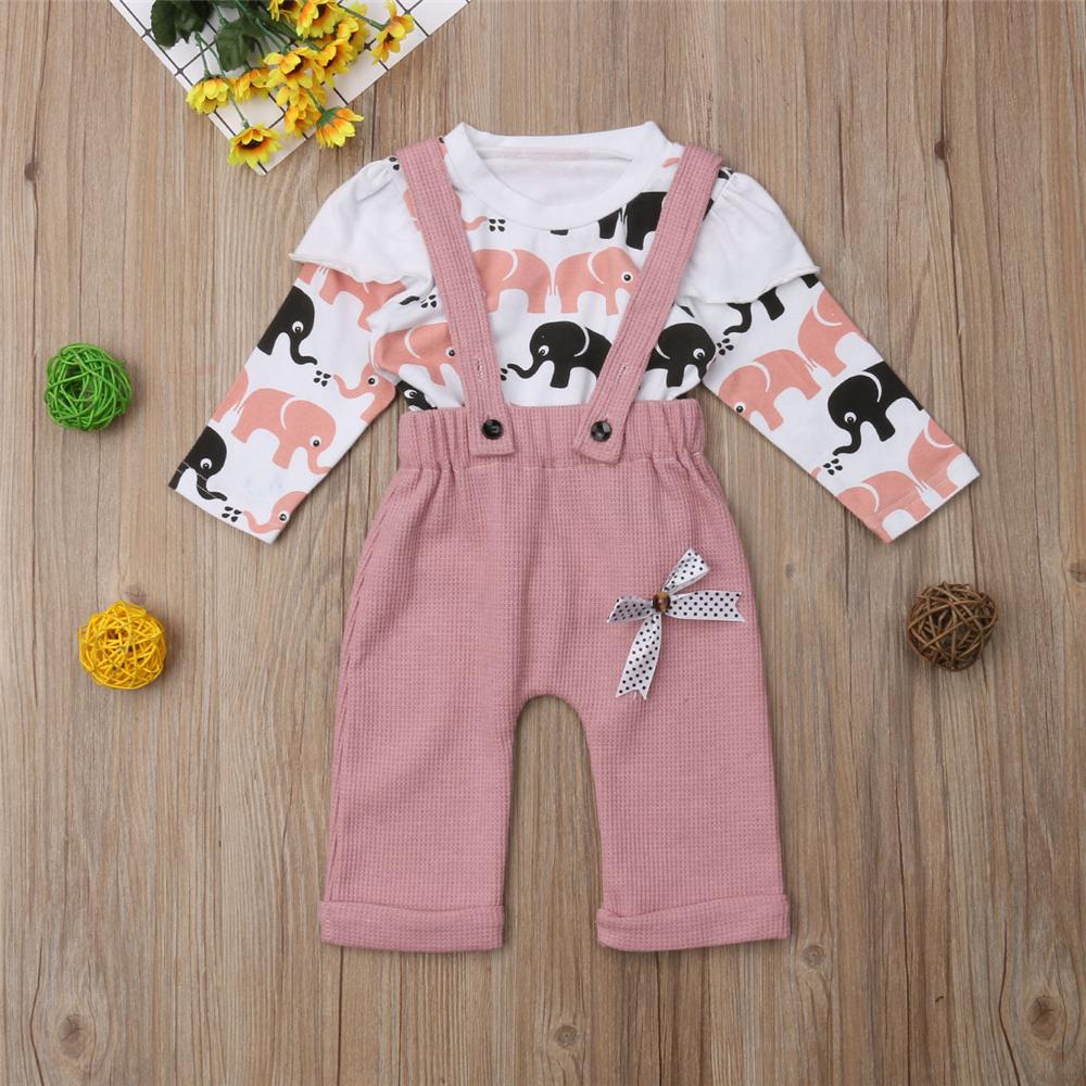 Toddler Girls Elephant Long Sleeve Top & Bow Overalls Baby Girl Wholesale - PrettyKid