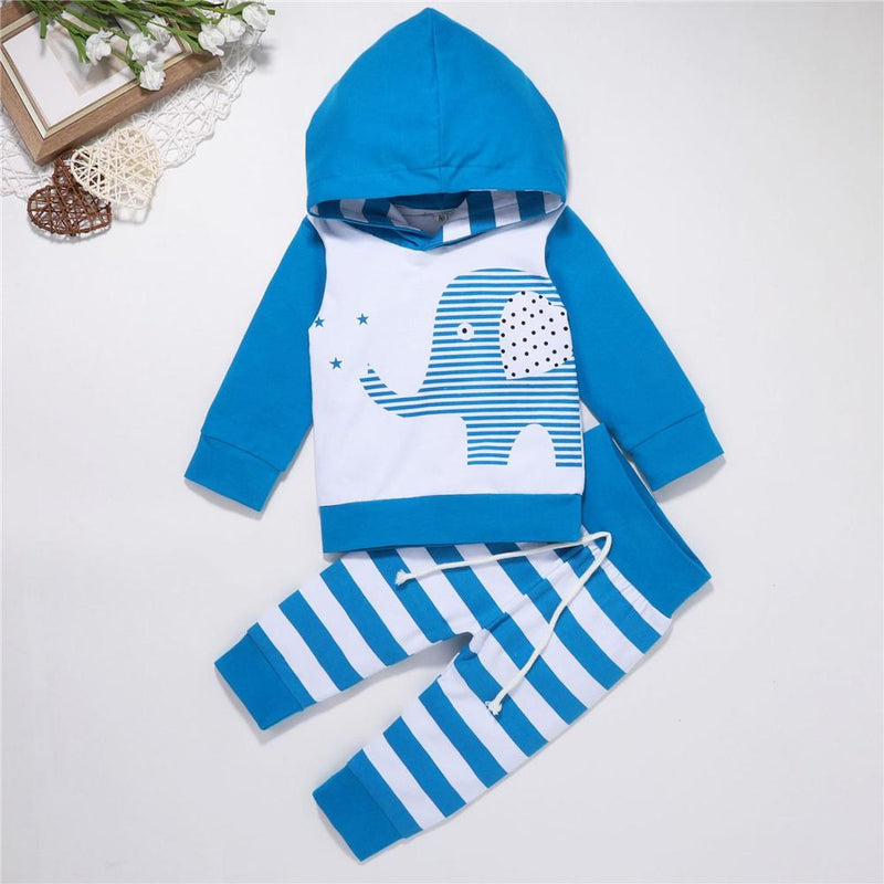 Baby Boys Elephant Striped Hooded Top & Bottoms Baby Wholesale Clothes - PrettyKid