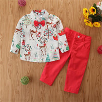 Boys Elk Printed Christmas Long Sleeve Lapel Shirts & Red Pants Boys Casual Suits - PrettyKid