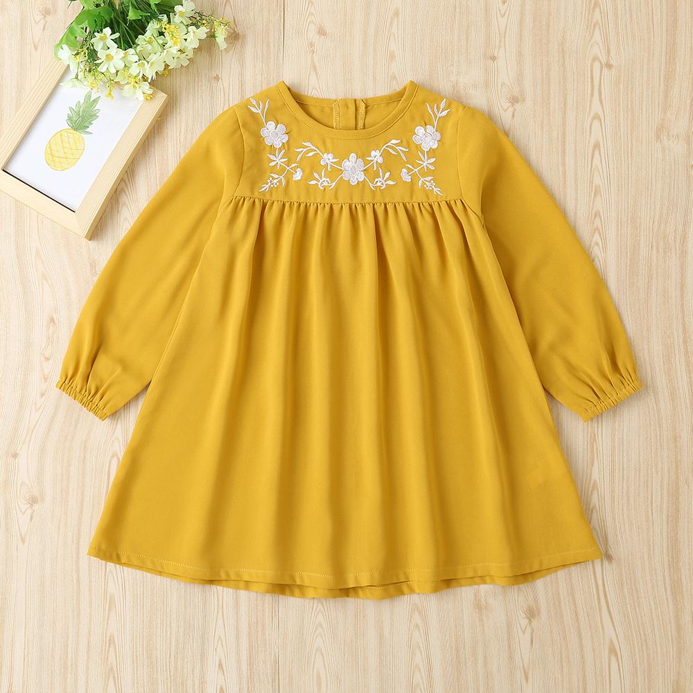 Girls Embroidered Solid Loose Long Sleeve Dress Wholesale - PrettyKid