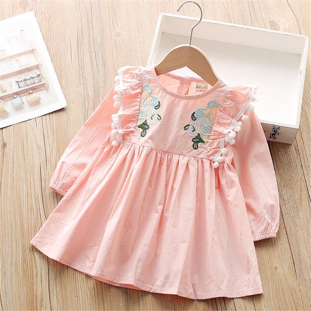 Girls Embroidered Solid Pleated Long Sleeve Sweet Dress - PrettyKid