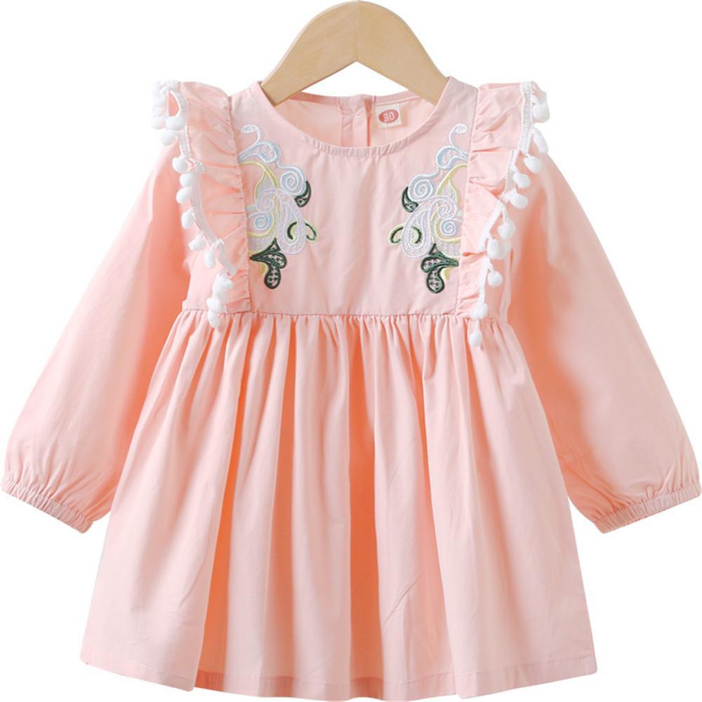 Girls Embroidered Solid Pleated Long Sleeve Sweet Dress - PrettyKid