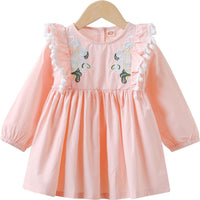 Girls Embroidered Solid Pleated Long Sleeve Sweet Dress - PrettyKid