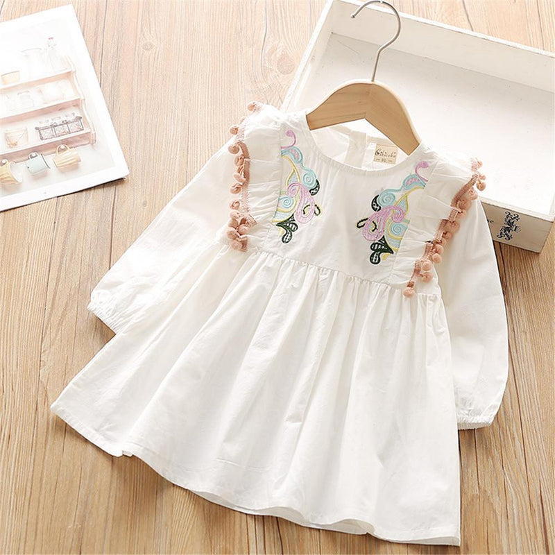 Girls Embroidered Solid Pleated Long Sleeve Sweet Dress - PrettyKid