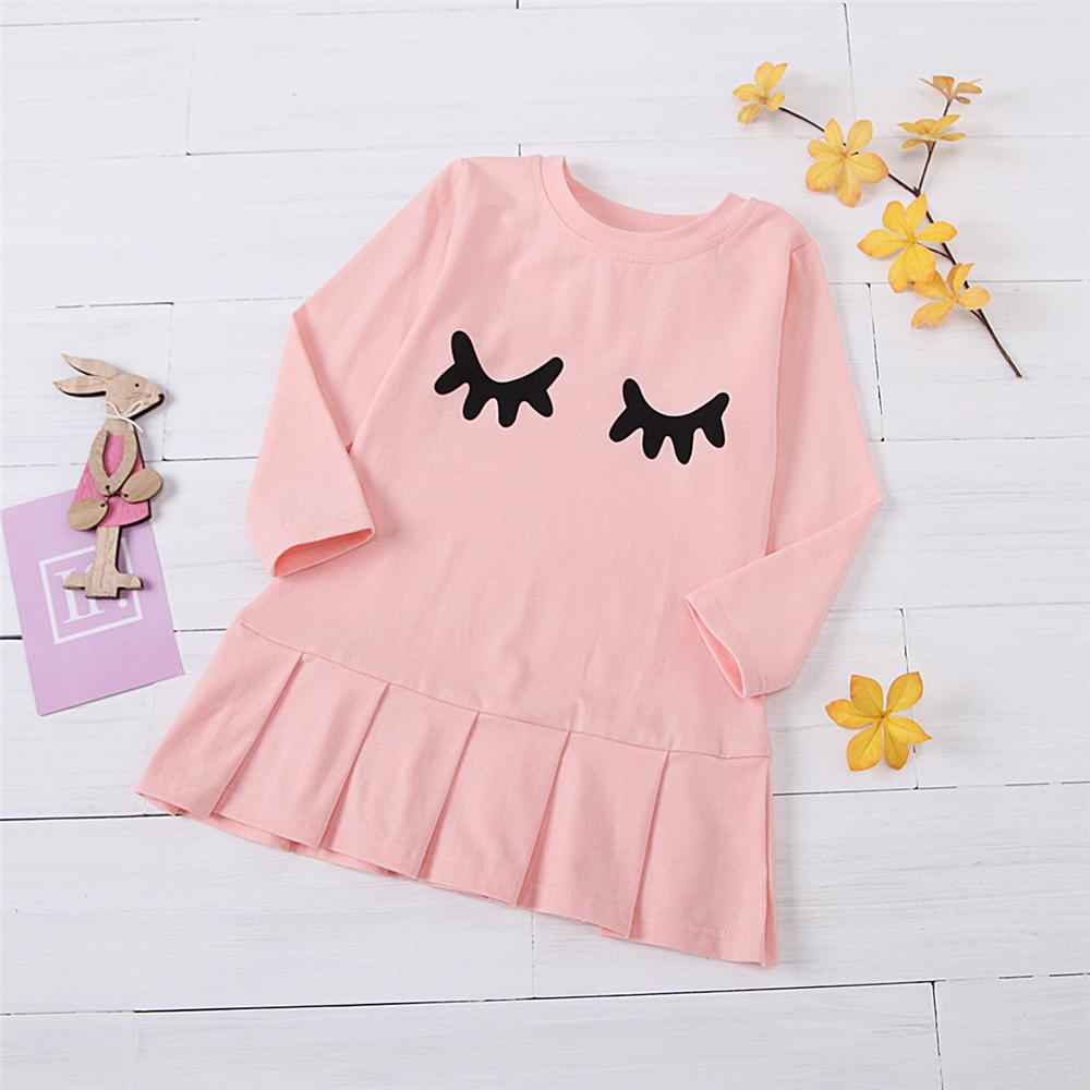 Girls Eyelashes Printed Long Sleeve Ruffled Casual Dress Toddler Clothing Wholesale - PrettyKid