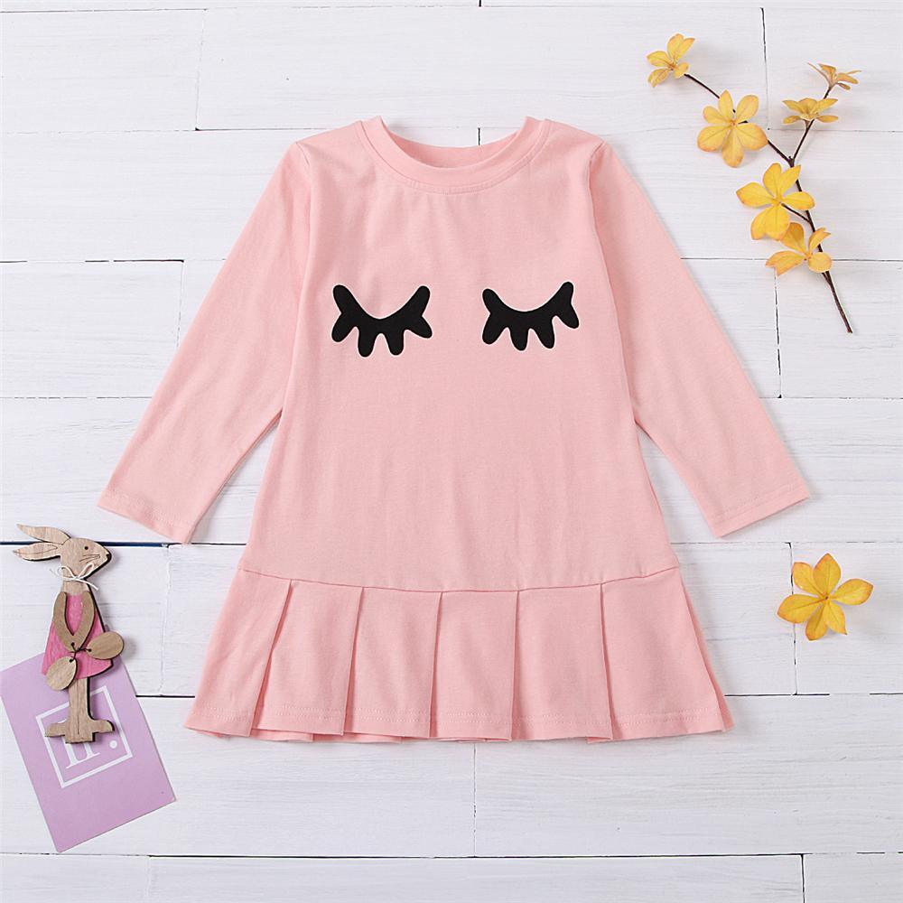 Girls Eyelashes Printed Long Sleeve Ruffled Casual Dress Toddler Clothing Wholesale - PrettyKid