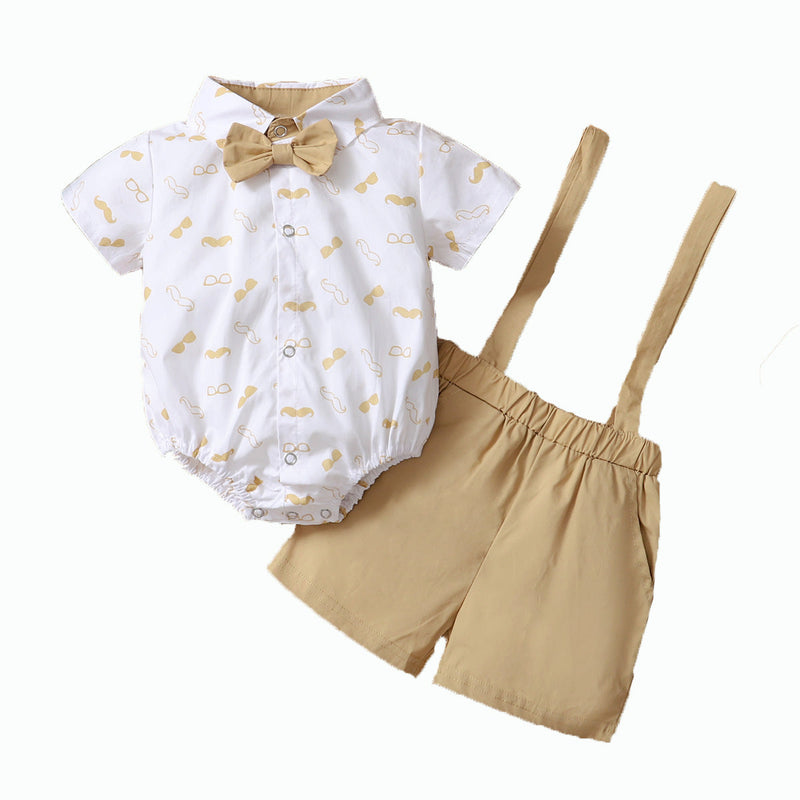 Cartoon Print Jumpsuit With Bow Tie And Bib Two Piece Baby Boy Sets - PrettyKid