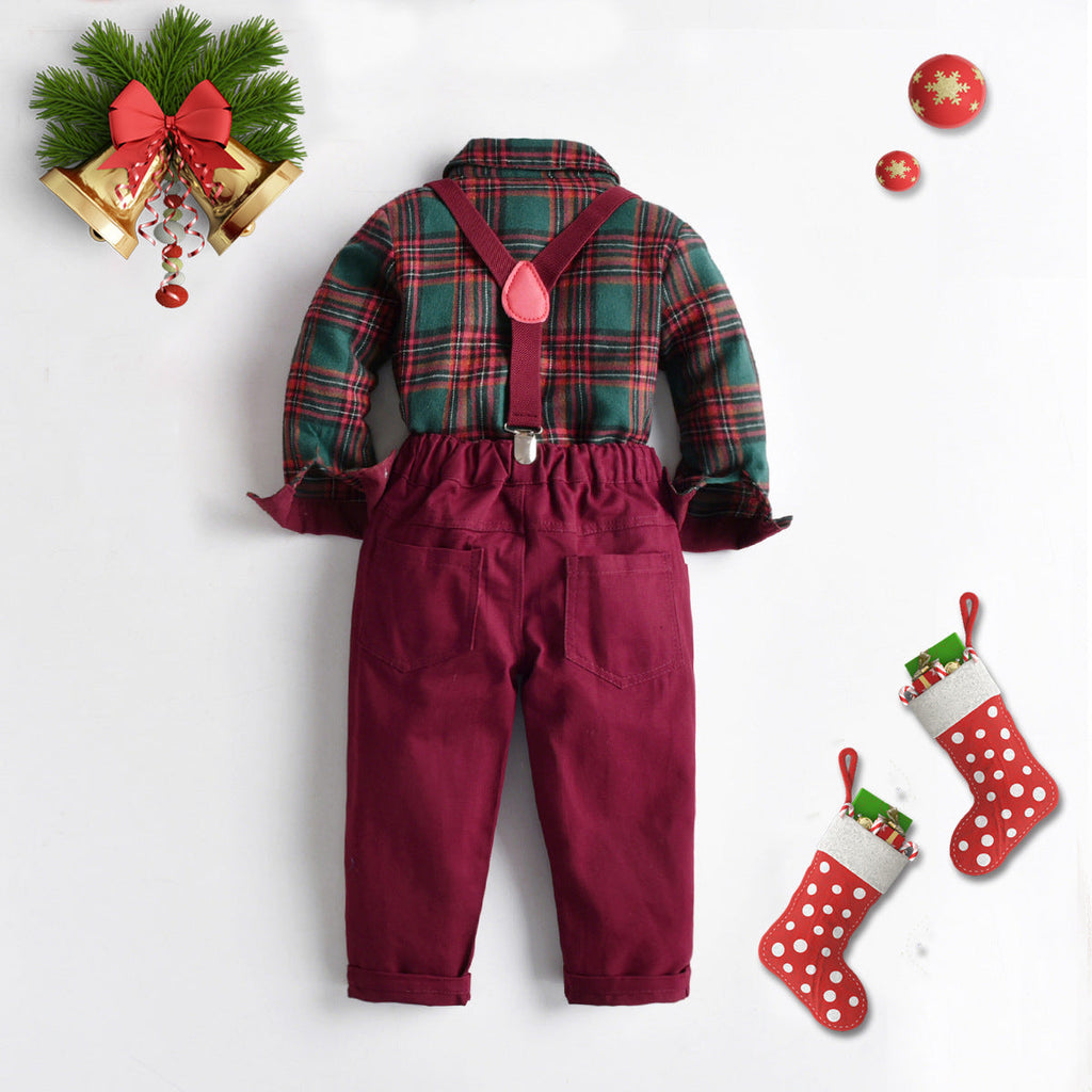 Christmas Red-Green Checked Shirt And Suspender Pants Wholesale Boys Clothing Sets - PrettyKid