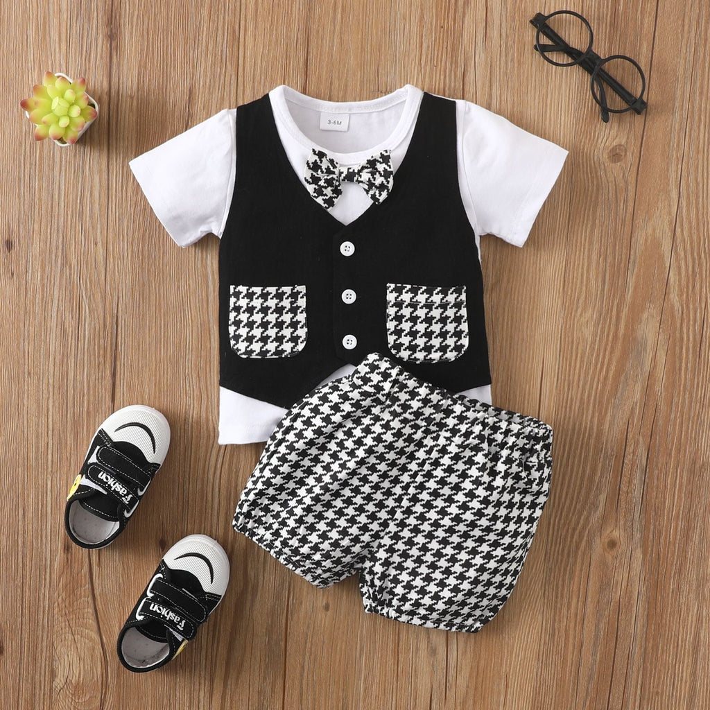 Baby Patch Swallow Gird Bow Tie Top And Houndstooth Shorts Wholasale Baby Knitwear Sets - PrettyKid