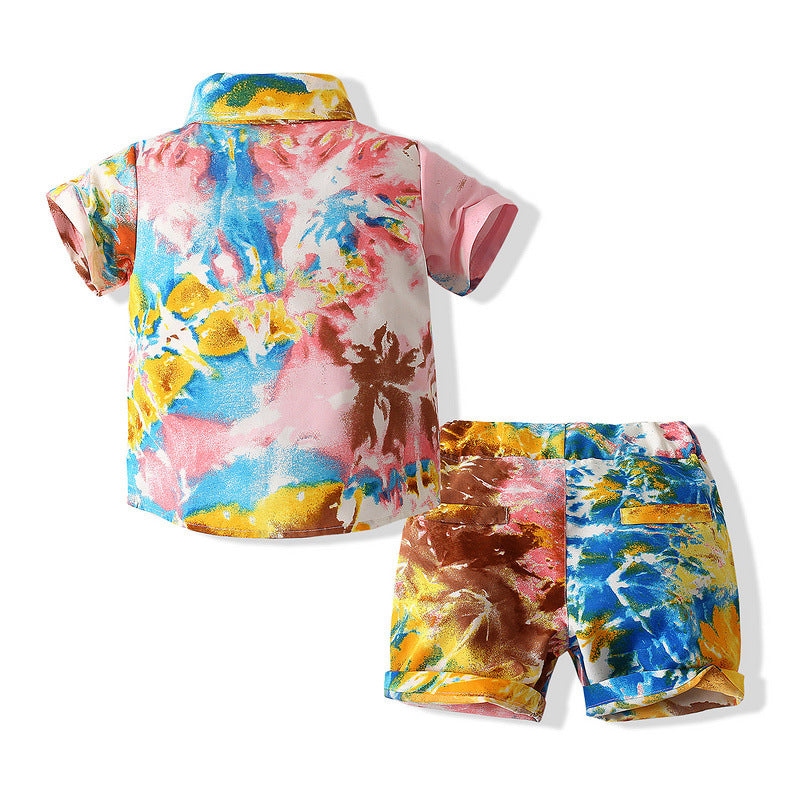 Boys Colorful Tie-Dye Hawaiian Shirt And Shorts Toddler Clothing Sets - PrettyKid