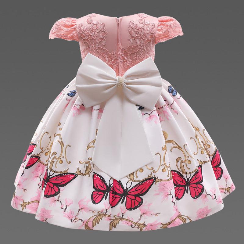 Butterfly Print Bow Pearl Princess Dress For Kids - PrettyKid