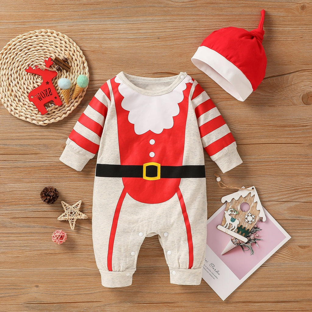 Christmas Stripes Santa Claus Pattern Baby Boy Romper Jumpsuit And Hat - PrettyKid