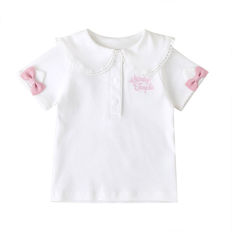 Baby Girl Letter Embroidery Bow T-Shirt Baby Tee Shirts Wholesale - PrettyKid