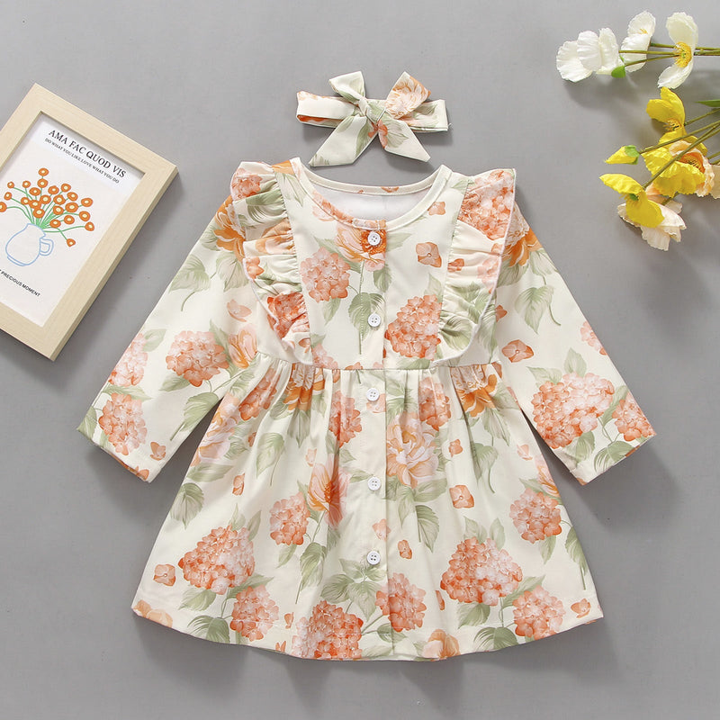 Baby Girl Long-Sleeved Floral Print Dress And Headband Baby Summer Dress Girl - PrettyKid